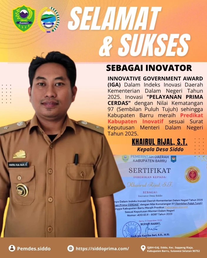 Inovasi Pelayanan Publik Berbasis Digitalisasi, Desa Siddo Raih Penghargaan Dengan Nilai Kematangan 97 